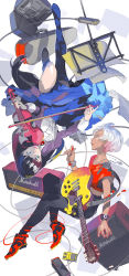 Rule 34 | 2girls, amplifier, blue hair, cable, dress, earrings, electric guitar, guitar, highres, instrument, jewelry, long hair, midriff, multicolored hair, multiple girls, music stand, original, pants, pedal (instrument), plectrum, pomodorosa, sheet music, short hair, thighhighs, two-tone hair, violin, white hair