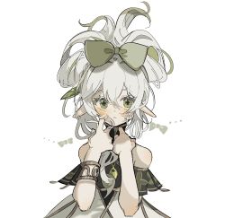 Rule 34 | 1girl, absurdres, blush, borrowed hairstyle, bow, cinnamiku hairstyle, detached sleeves, dress, genshin impact, green bow, green eyes, green hair, grey hair, hair bow, highres, looking at viewer, multicolored hair, nahida (genshin impact), note nii, parted lips, pointy ears, sanrio, short sleeves, solo, streaked hair, updo, upper body, vocaloid, white background, white dress