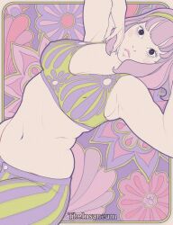 Rule 34 | 1girl, arms up, artist name, blush stickers, bra, covered erect nipples, curvy, dutch angle, fingernails, floral background, hairband, limited palette, lips, long eyelashes, long fingernails, looking at viewer, midriff, navel, original, pants, parted lips, purple hair, short hair, solo, sports bra, striped clothes, striped pants, the insaneum, underwear