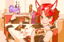 Rule 34 | + +, 3girls, bare shoulders, black choker, black footwear, black horns, breasts, burger, choker, condiment packet, cup, demon, demon horns, dgt lemon, dirty, dirty face, disposable cup, drinking straw, earrings, eating, food, food on face, glutton, horns, indoors, jewelry, ketchup, leotard, long hair, looking at viewer, multiple girls, pixel art, purple hair, red eyes, red hair, restaurant, short hair, short ponytail, sitting, small breasts, tray, venus symbol
