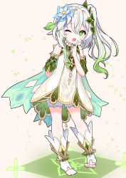 Rule 34 | 1girl, ;d, absurdres, arm behind back, bad id, bad pixiv id, bloomers, cape, commentary request, detached sleeves, dress, finger to mouth, flower, full body, genshin impact, gradient hair, green eyes, hair between eyes, hair flower, hair ornament, highres, index finger raised, long hair, looking at viewer, multicolored hair, nahida (genshin impact), one eye closed, open mouth, pointy ears, sake shake, short sleeves, side ponytail, sidelocks, simple background, smile, solo, standing, stirrup legwear, symbol-shaped pupils, toeless legwear, toes, underwear, white background, white dress, white hair