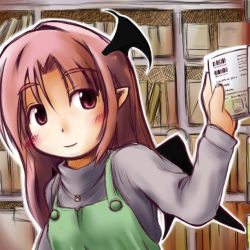 Rule 34 | 1girl, apron, barcode, blush, book, bookshelf, bookstore, female focus, head wings, holding, jewelry, koakuma, kotatsu2360, library, light smile, long hair, long sleeves, necklace, pointy ears, red eyes, red hair, shop, smile, solo, embodiment of scarlet devil, touhou, turtleneck, wings
