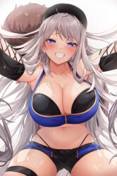 Rule 34 | 1girl, absurdres, beret, black hat, black panties, black shorts, blue bra, blue eyes, blush, bra, breasts, cleavage, collarbone, commentary, commission, deogho (liujinzy9854), detached sleeves, english commentary, grey hair, grin, hat, highleg, highleg panties, highres, large breasts, long hair, looking at viewer, navel, original, outstretched arms, panties, shorts, sidelocks, smile, solo, thigh strap, thighs, underwear, very long hair