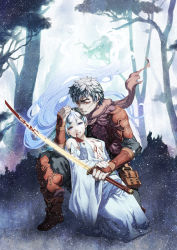 Rule 34 | 1boy, 1girl, armor, blood, blood from mouth, blood on clothes, bloody weapon, blue eyes, blue hair, death, dress, forest, half-closed eyes, halter dress, halterneck, hand on another&#039;s head, holding, holding sword, holding weapon, kneeling, kunieda, long hair, nature, on one knee, open clothes, open shirt, original, pauldrons, plant, shirt, shoulder armor, snow, snowing, sword, torn clothes, tree, very long hair, weapon