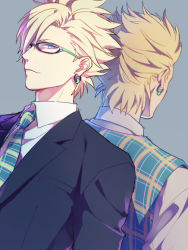 Rule 34 | 10s, 2boys, back-to-back, bad id, bad pixiv id, blonde hair, blue eyes, dramatical murder, earrings, formal, glasses, jewelry, male focus, mocchiri oyaji, multiple boys, necktie, plaid, plaid necktie, plaid neckwear, plaid vest, spiked hair, suit, trip (dramatical murder), vest, virus (dramatical murder)