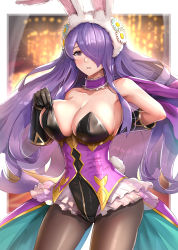 Rule 34 | 1girl, absurdres, animal ears, blush, breasts, camilla (fire emblem), camilla (spring) (fire emblem), choker, cleavage, collarbone, cowboy shot, easter, elbow gloves, fake animal ears, fire emblem, fire emblem fates, fire emblem heroes, frilled choker, frilled skirt, frills, gloves, gonzarez, hair over one eye, highres, large breasts, leotard, long hair, nintendo, official alternate costume, pantyhose, parted lips, playboy bunny, purple eyes, purple hair, rabbit ears, rabbit tail, skirt, solo, sweatdrop, tail, very long hair