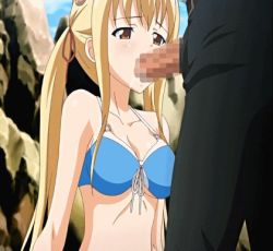 Rule 34 | 00s, 1boy, 1girl, animated, animated gif, bikini, blonde hair, bouncing breasts, breasts, brown eyes, censored, fellatio, hetero, large breasts, long hair, lowres, makino fuyu, oni chichi, oral, penis, poro, swimsuit, twintails