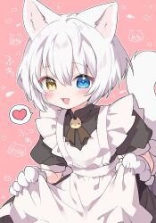Rule 34 | 1boy, animal ears, animal hands, apron, black dress, blue eyes, cat boy, cat ears, cat tail, cowboy shot, dress, gloves, hair between eyes, heart, heterochromia, highres, kamiyoshi rika, looking at viewer, maid, maid apron, open mouth, original, paw gloves, pink background, puffy short sleeves, puffy sleeves, short hair, short sleeves, skirt hold, smile, solo, spoken heart, tail, trap, white hair, yellow eyes