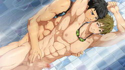 2boys abs aqua_eyes bara black_hair brown_eyes censored closed_mouth commentary_request completely_nude dutch_angle erection free! goggles goggles_around_neck green_eyes grin highres male_focus mazjojo mosaic_censoring multiple_boys muscular muscular_male nipple_stimulation nipple_tweak nipples nude paid_reward_available pectorals penis photoshop_(medium) short_hair showering smile tachibana_makoto testicles yamazaki_sousuke yaoi