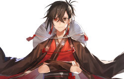 Rule 34 | 1boy, black gloves, brown cape, cape, crossed arms, fingerless gloves, gloves, japanese clothes, kimono, looking at viewer, male focus, original, red kimono, simple background, smile, solo, tsugutoku, white background