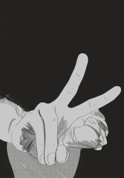 Rule 34 | 1boy, artist request, black background, chainsaw man, denji (chainsaw man), fingernails, gesture, highres, long sleeves, male focus, monochrome, shadow, shirt, sleeves rolled up, solo, solo focus, source request, v, white shirt