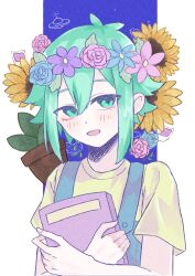 Rule 34 | 1boy, basil (headspace) (omori), basil (omori), blue flower, blue overalls, blue rose, blush, book, flower, flower wreath, flying saucer, gem (symbol), green eyes, green hair, hair ornament, head wreath, highres, holding, holding book, looking at viewer, male focus, omori, open mouth, overalls, plant, potted plant, red flower, red rose, rose, shirt, short hair, short sleeves, smile, solo, spacecraft, sunflower, t-shirt, yellow shirt, yotuki (ytk1)