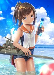 Rule 34 | 10s, blurry, blush, bottle, brown eyes, brown hair, cowboy shot, day, depth of field, hane yoshiyumi, highres, i-401 (kancolle), kantai collection, looking at viewer, one-piece swimsuit, one-piece tan, outdoors, ponytail, ramune, sailor collar, school swimsuit, short ponytail, smile, solo, sparkle, submarine, swept bangs, swimsuit, swimsuit under clothes, tan, tanline, wading, water, watercraft, wet