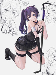 Rule 34 | 1girl, alternate costume, arm strap, arm up, armpits, black dress, black footwear, boots, cosplay, crowbar, dress, full body, gloves, hashtag-only commentary, highres, holding, holding crowbar, holding scissors, holding weapon, hololive, hololive english, kneeling, long hair, multiple views, ninomae ina&#039;nis, pleated dress, pointy ears, purple hair, scissors, simple background, single glove, smile, sousou no frieren, suspenders hanging, tallgeese (lgeesel), ubel (sousou no frieren), ubel (sousou no frieren) (cosplay), virtual youtuber, weapon, white background