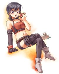Rule 34 | 1girl, apple, bare shoulders, belt, black hair, blush, breasts, choker, elbow gloves, food, fruit, gloves, highres, midriff, navel, open mouth, purple eyes, rutee katrea, short hair, short shorts, shorts, tales of (series), tales of destiny, thighhighs