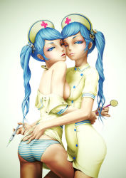 Rule 34 | 2girls, blue eyes, blue hair, breasts, clothes lift, colored eyelashes, eyelashes, hair ornament, hat, highres, lips, multiple girls, nurse, nurse cap, one eye closed, original, panties, pi (pppppchang), side ponytail, skirt, skirt lift, stethoscope, striped clothes, striped panties, syringe, underwear, undressing, wink