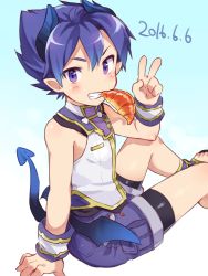 Rule 34 | 1boy, bad id, bad pixiv id, bike shorts, blue hair, blush, croissant, dated, demon boy, demon tail, demon wings, food, food in mouth, horns, kabosudachin, male focus, mini wings, mouth hold, pointy ears, pop-up story, purple eyes, smile, solo, tail, v, wings, ziz glover