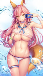 Rule 34 | 1girl, animal ears, arm up, artist name, bad id, bad pixiv id, bikini, bikini bottom only, blush, bracelet, breasts, cellphone, cleavage, covered erect nipples, cowboy shot, crop top, fate/grand order, fate (series), fingernails, fox ears, fox tail, hand up, highres, hip focus, holding, holding phone, jewelry, jitome, large breasts, long hair, looking at viewer, meion, nail polish, navel, parted lips, phone, pink hair, sailor collar, see-through, selfie, shirt, side-tie bikini bottom, signature, skindentation, sleeveless, smartphone, smile, solo, swimsuit, tail, tamamo (fate), tamamo no mae (fate/extra), thigh strap, thighhighs, thighs, toned, tsurime, wet, wet clothes, wet shirt, white bikini, yellow eyes