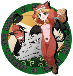 Rule 34 | 1girl, ahoge, arms up, basket, blonde hair, bodysuit, boots, braid, bread, dorothy (over zenith), fang, food, furry, furry female, galumn, green eyes, hat, over zenith, teeth, toto (over zenith), twin braids, wings, wolf
