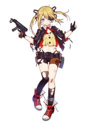 Rule 34 | 1girl, bandaid, blonde hair, blue eyes, blush, clenched teeth, eyepatch, full body, girls&#039; frontline, gloves, gun, highres, looking at viewer, machine pistol, navel, official art, personal defense weapon, sa (h28085), shoes, shorts, skorpion (girls&#039; frontline), skorpion vz. 61, solo, submachine gun, tears, teeth, torn clothes, transparent background, twintails, weapon