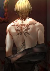 Rule 34 | 1boy, arms at sides, back, back focus, back tattoo, black shirt, blonde hair, blood, blood on clothes, facing away, from behind, highres, light particles, luca kaneshiro, makura wet, male focus, nijisanji, nijisanji en, off shoulder, one side up, picture frame, shirt, short hair, solo, tattoo, toned, toned male, topless male, undressing, upper body, virtual youtuber