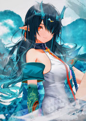 Rule 34 | 1girl, absurdres, arknights, artist name, black hair, blue hair, blue skin, china dress, chinese clothes, closed mouth, colored skin, dragon horns, dress, dusk (arknights), floating hair, from side, hair over one eye, highres, horns, long hair, looking at viewer, looking to the side, multicolored hair, necktie, red eyes, red necktie, sannen (wuuk5423), single bare shoulder, sleeveless, sleeveless dress, smile, solo, streaked hair, upper body, white dress