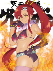 Rule 34 | 1girl, absurdres, ass, bikini, bikini top only, breasts, cleavage, fingerless gloves, fire, gloves, highres, large breasts, legs, long hair, looking at viewer, ponytail, red hair, scarf, shorts, smile, solo, swimsuit, tengen toppa gurren lagann, thighs, yellow eyes, yoko littner
