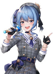 Rule 34 | 1girl, :d, beret, black gloves, blue bow, blue eyes, blue hair, blue nails, blush, bow, commentary request, dress, gloves, grey dress, grey hat, hair between eyes, hair bow, hands up, hat, highres, holding, holding microphone, hololive, hoshimachi suisei, hoshimachi suisei (1st costume), index finger raised, long sleeves, microphone, nail polish, open mouth, partially fingerless gloves, plaid, plaid dress, plaid headwear, round teeth, side ponytail, sidelocks, simple background, smile, solo, star (symbol), star in eye, striped, striped bow, symbol in eye, teeth, upper teeth only, virtual youtuber, white background, ym (distance819)