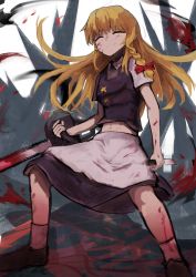 Rule 34 | 1girl, apron, black footwear, black shirt, black skirt, blood, blood on clothes, blood on face, bloody weapon, bow, braid, chainsaw, closed eyes, closed mouth, commentary request, cookie (touhou), full body, hair bow, highres, holding, holding chainsaw, holding knife, kirisame marisa, knife, long hair, looking at viewer, mi zu to ra, red bow, shirt, shoes, side braid, single braid, skirt, sleeveless, sleeveless shirt, smile, socks, solo, standing, star (symbol), suzu (cookie), touhou, waist apron, weapon, white apron, white shirt, white socks