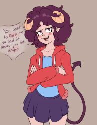 Rule 34 | 1girl, blue shirt, blue skirt, blush stickers, brown hair, collarbone, crossed arms, curled horns, curly hair, demilypyro, demon girl, demon horns, demon tail, dimigods, english text, fang, fluffy, highres, hood, hooded jacket, horns, indie virtual youtuber, jacket, legs, meme, miniskirt, open clothes, open jacket, open mouth, red eyes, red jacket, sheep horns, shirt, skirt, smug, solo, speech bubble, tail, virtual youtuber