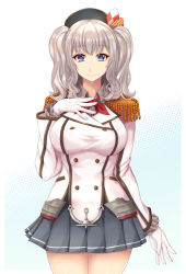 Rule 34 | 1girl, beret, blue eyes, breasts, cowboy shot, epaulettes, frilled sleeves, frills, gloves, grey skirt, hat, highres, jacket, kantai collection, kashima (kancolle), kerchief, large breasts, long sleeves, military, military jacket, military uniform, miniskirt, neckerchief, pleated skirt, red neckerchief, sidelocks, silver hair, skirt, solo, standing, twintails, uniform, wavy hair, white gloves, white jacket, zatma0041