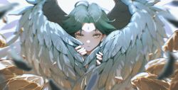 Rule 34 | 1boy, 57friend, absurdres, eyelashes, eyeshadow, facial mark, feathered wings, feathers, forehead mark, genshin impact, green hair, highres, looking at viewer, makeup, male focus, parted lips, red eyeshadow, rock, simple background, solo, upper body, white background, wings, xiao (genshin impact), yellow eyes