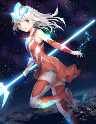 Rule 34 | 1girl, absurdres, arm warmers, bare shoulders, blush, boots, breasts, city lights, cloud, commentary, diffraction spikes, dress, floating hair, gem, genderswap, genderswap (mtf), ginga spark, glowing, glowing weapon, hair between eyes, headgear, highres, holding, holding weapon, knee boots, lance, leg up, long hair, looking at viewer, looking to the side, night, night sky, open mouth, outstretched arm, personification, polearm, red dress, red footwear, red thighhighs, short dress, silver hair, sky, sleeveless, sleeveless dress, small breasts, smile, solo, sparkle, star (sky), starry sky, tareme, taro (ultrataro), thighhighs, trident, ultra series, ultraman ginga, ultraman ginga (series), weapon, white thighhighs, wind, yellow eyes
