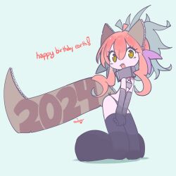 Rule 34 | 2024, ahoge, bikini, black thighhighs, cardboard, ceroblitz, character request, chibi, copyright request, dragon tail, fang, happy birthday, happy new year, highres, long hair, new year, red hair, swimsuit, tail, thighhighs, yellow eyes, zettai ryouiki