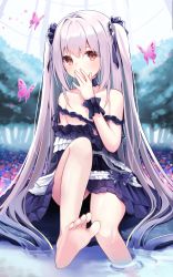 1girl, bangs, bare legs, bare shoulders, barefoot, blush, bug, butterfly, choker, commentary request, covering mouth, day, dress, eyebrows visible through hair, feet, feet up, field, flower, flower field, frilled dress, frills, gothic lolita, hand over own mouth, highres, hololive, insect, light purple hair, lolita fashion, long hair, looking at viewer, off-shoulder dress, off shoulder, outdoors, pink butterfly, purple dress, red eyes, sidelocks, sitting, soaking feet, solo, toes, tree, two side up, uruha rushia, very long hair, virtual youtuber, water, wristband, yuzuno kaori