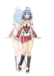 Rule 34 | 1girl, :d, absurdres, arms at sides, bad id, bad pixiv id, bare shoulders, black footwear, blue eyes, blue hair, boots, breasts, choker, cleavage, commentary request, dress, fingernails, full body, hair ornament, hat, highres, knees together feet apart, large breasts, looking at viewer, open mouth, original, osananajimi neko, short dress, smile, solo, standing, standing on one leg