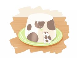 Rule 34 | animal focus, animal print, chai (drawingchisanne), commentary, cow, cow print, food, food focus, no humans, original, paintbrush, painting (object), plate, pudding, simple background, standing, table, undersized animal, white background, wooden table