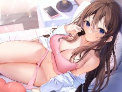Rule 34 | 1girl, absurdres, bare shoulders, barefoot, blush, breasts, brown hair, camisole, cellphone, cleavage, closed mouth, condom, condom wrapper, covered erect nipples, crop top, day, drawer, dress shirt, falling petals, groin, hair between eyes, hand up, heart, highres, holding, holding condom, indoors, jewelry, large breasts, long hair, long sleeves, looking at viewer, navel, nidaime (doronbo), off shoulder, on bed, open clothes, open shirt, original, panties, panty pull, petals, phone, pillow, pink camisole, pink panties, pulled by self, purple eyes, ring, rug, shirt, sidelocks, sitting, smartphone, smile, solo, spaghetti strap, stomach, strap slip, sunlight, thighs, toes, underwear, undressing, wedding ring, white shirt, wooden floor