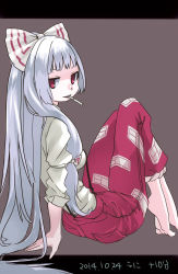 Rule 34 | 1girl, barefoot, bow, brown background, capri pants, cigarette, commentary request, dated, dress shirt, fujiwara no mokou, full body, grey hair, hair bow, hair ribbon, highres, juliet sleeves, letterboxed, long hair, long sleeves, looking at viewer, namauni, one-hour drawing challenge, pants, puffy sleeves, red eyes, red pants, ribbon, shirt, simple background, sitting, sleeves rolled up, solo, suspenders, tiptoes, touhou, tress ribbon, very long hair, white shirt