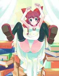 Rule 34 | 1girl, armpits, arms up, ass, black thighhighs, blue eyes, blush, book, bow, breasts, brown hair, chair, clothes lift, covered navel, curtains, dress, dress lift, green panties, hair bow, legs up, long hair, original, panties, pantyshot, red bow, ryuuta, ryuuta (msxtr), shoes, sitting, solo, spread legs, thighhighs, underwear, white dress, white panties