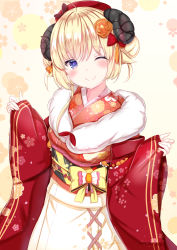 Rule 34 | ahoge, alternate costume, alternate hairstyle, beret, blonde hair, blush, double bun, flower, hair bun, hair flower, hair ornament, hat, highres, hololive, horns, japanese clothes, kimono, one eye closed, outstretched arms, purple eyes, sheep horns, smile, solo, spread arms, tsunomaki watame, tsunomaki watame (new year), virtual youtuber, yuano
