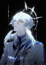 Rule 34 | 1boy, aoma (xuanzexuexi), black background, collared shirt, earrings, gloves, grey hair, halo, halo behind head, hand on own chest, head wings, highres, honkai: star rail, honkai (series), jacket, jewelry, long sleeves, looking at viewer, male focus, shirt, short hair, solo, sunday (honkai: star rail), white gloves, white jacket, wings