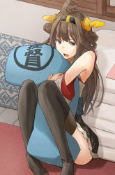 Rule 34 | 10s, 1girl, bad id, bad pixiv id, boots, brown hair, dakimakura (object), female focus, hair ornament, highres, japanese clothes, kantai collection, kongou (kancolle), long hair, long sleeves, miko, nontraditional miko, hugging object, open mouth, pillow, pillow hug, rane (etsu), sitting, solo, teeth, text focus, thigh boots, thighhighs, translated, very long hair, wide sleeves, zettai ryouiki