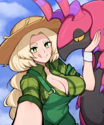 Rule 34 | 1girl, afrobull, blush, borrowed character, breasts, cleavage, collared shirt, creatures (company), forehead, freckles, game freak, gen 5 pokemon, green eyes, green shirt, hand on another&#039;s chin, hanna bigsby, hat, large breasts, licking lips, long braid, nintendo, original, outstretched arm, overalls, partially unbuttoned, plaid, plaid shirt, platinum blonde hair, pokemon, pokemon (creature), scolipede, selfie, shirt, sleeves pushed up, sun hat, thick eyebrows, tongue, tongue out