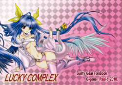 Rule 34 | 10s, 1girl, 2010, alternate color, arc system works, argyle, argyle background, argyle clothes, asymmetrical wings, bare shoulders, blue hair, bow, breasts, center opening, choker, copyright name, dizzy (guilty gear), female focus, flower, full body, gradient background, guilty gear, hair ribbon, long hair, lying, midriff, navel, paul t, pink background, player 2, red eyes, ribbon, shoes, sidelocks, smile, solo, tail, takahashi paul, thighhighs, twintails, underboob, white thighhighs, wings, yellow bow