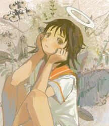 Rule 34 | 1girl, abstract background, bigskycastle, black wings, brown eyes, brown hair, clenched hands, closed mouth, crossed ankles, dress, elbow rest, feathered wings, feet out of frame, floral background, from side, haibane renmei, halo, head rest, highres, knees up, leaf, looking at viewer, looking to the side, looking up, rakka (haibane), red sailor collar, sailor collar, sailor dress, short hair, short sleeves, sitting, solo, white dress, wings