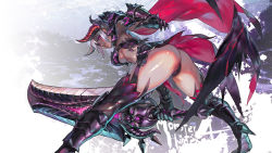 Rule 34 | 1girl, aoin, armor, ass, bikini armor, boots, breasts, cameltoe, cape, gauntlets, gore magala (armor), high heel boots, high heels, highres, horns, huge weapon, large breasts, looking back, monster hunter, monster hunter (series), monster hunter 4, panties, parted lips, red eyes, shiny skin, silver hair, sword, thigh boots, thighhighs, thong, underboob, underwear, weapon