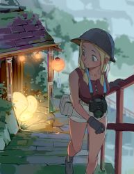 Rule 34 | 1girl, bare shoulders, black gloves, blonde hair, bucket hat, building, camera, closed mouth, commentary, creature, gloves, green eyes, grey legwear, hat, highres, lantern, looking back, low twintails, original, outdoors, paper lantern, pouch, railing, shoes, smile, socks, stairs, timbougami, twintails, walking