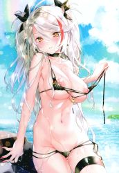 Rule 34 | 1girl, absurdres, azur lane, bare shoulders, bikini, black bikini, blue sky, breasts, cloud, cloudy sky, day, hair ornament, highres, kamiya maneki, large breasts, long hair, looking at viewer, multicolored hair, nipples, outdoors, page number, parted lips, prinz eugen (azur lane), prinz eugen (unfading smile) (azur lane), red hair, silver hair, simple background, sky, solo, stomach, swimsuit, thigh strap, untied bikini, yellow eyes