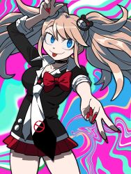 1girl :p arm_up bear_hair_ornament black_shirt blonde_hair blue_eyes bow danganronpa:_trigger_happy_havoc danganronpa_(series) enoshima_junko furukawa_(yomawari) hair_ornament highres long_hair nail_polish necktie no_symbol red_bow red_skirt shirt skirt smile solo tongue tongue_out twintails v